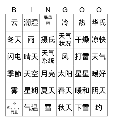 Chinese weather Bingo Card
