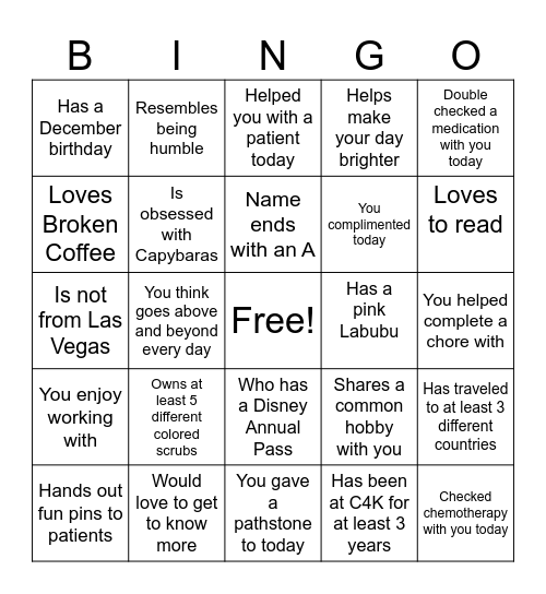 FIND A NURSE WHO... Bingo Card