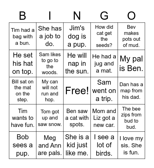 Easy Readers Bingo Card