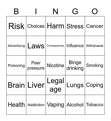 Alcohol and Nicotine Bingo Card