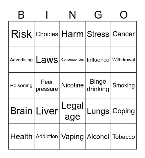 Alcohol and Nicotine Bingo Card
