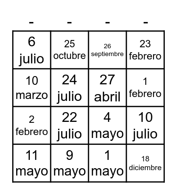 Mi cumpleaños es el __ de ___ Bingo Card