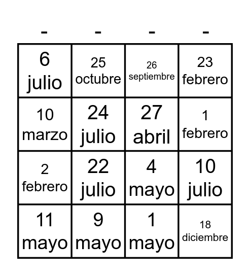 Mi cumpleaños es el __ de ___ Bingo Card