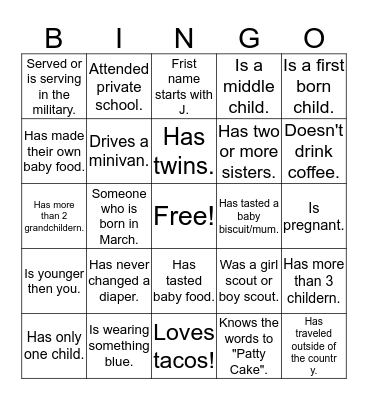 Baby Shower Guest BINGO Card