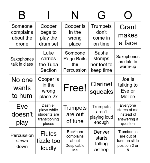 Mrs. Yost 8th Grade Band Bingo Card