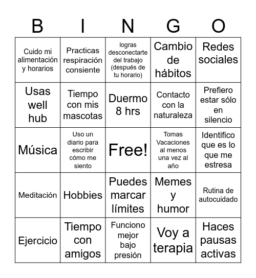 PSS Manejo del Stress Bingo Card