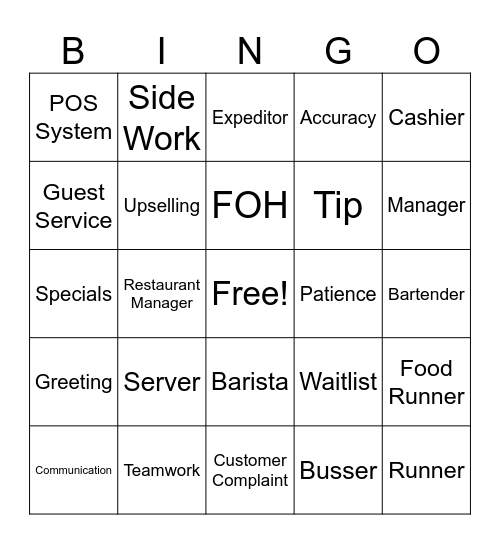 Front of the House Bingo Card
