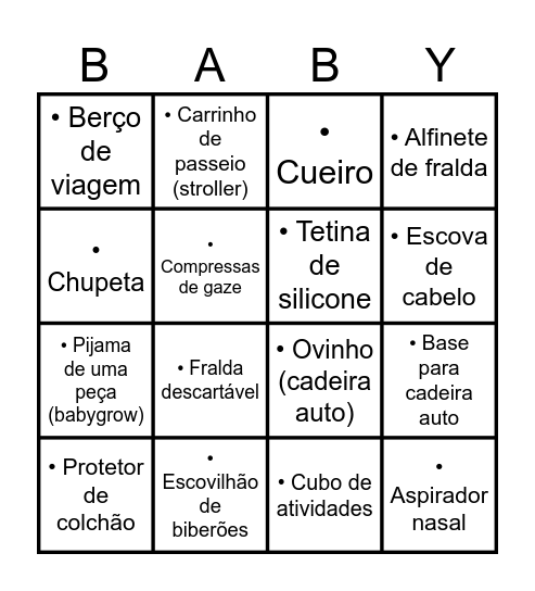 Bingo do bebê Bingo Card