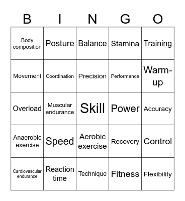 Skills Related Fitness Bingo Card