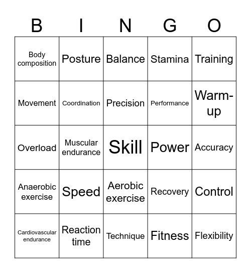Skills Related Fitness Bingo Card