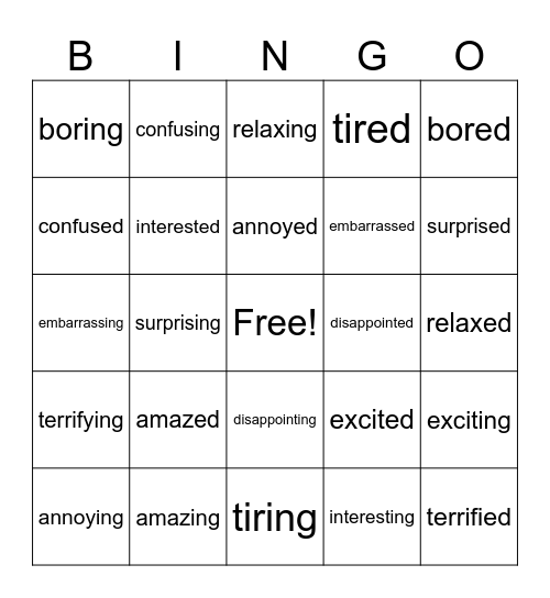 Intermediate 2AB -ed/-ing Adjectives Bingo Card