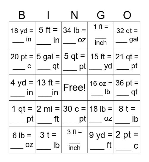 Customary Conversions Bingo Card