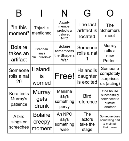 CR Schemers Table Episode 24 Bingo Card