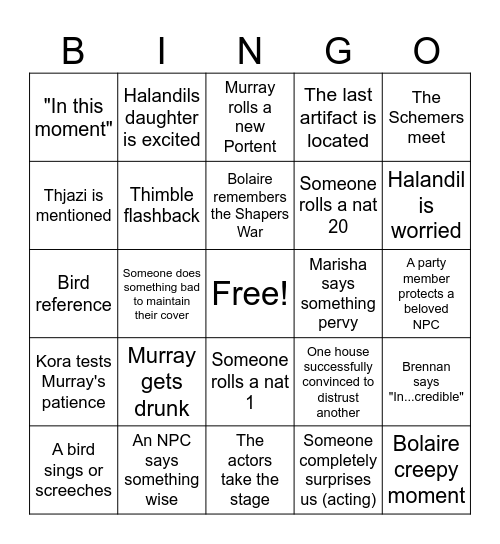 CR Schemers Table Episode 24 Bingo Card