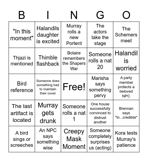 CR Schemers Table Episode 24 Bingo Card