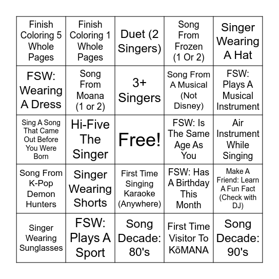 Kid's Karaoke Bingo Card