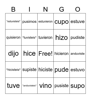 Crazy Preterit Pre-fix Verbs Bingo Card