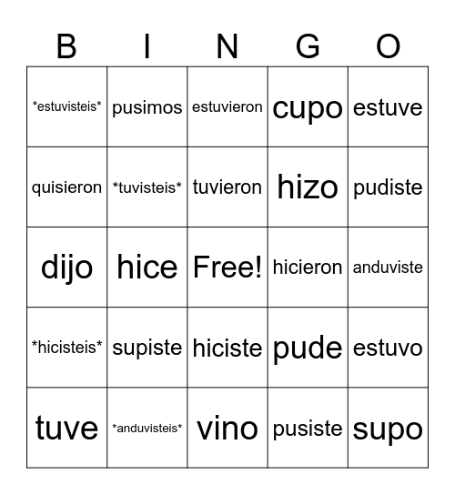 Crazy Preterit Pre-fix Verbs Bingo Card