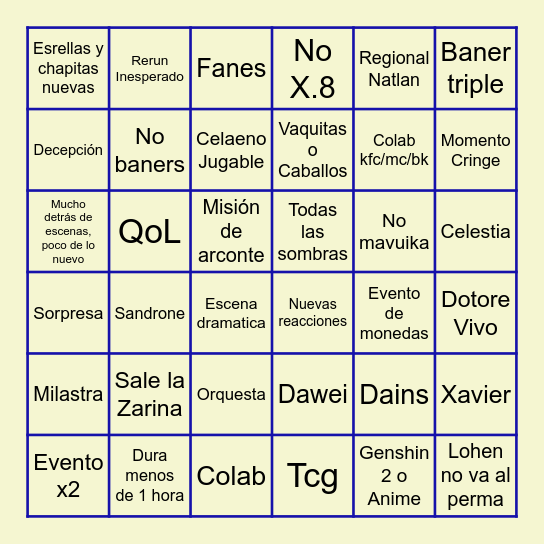 Genshin 6.6 Bingo Card