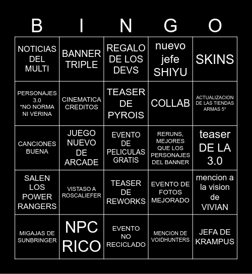 LIVESTREAM 2.8 Bingo Card
