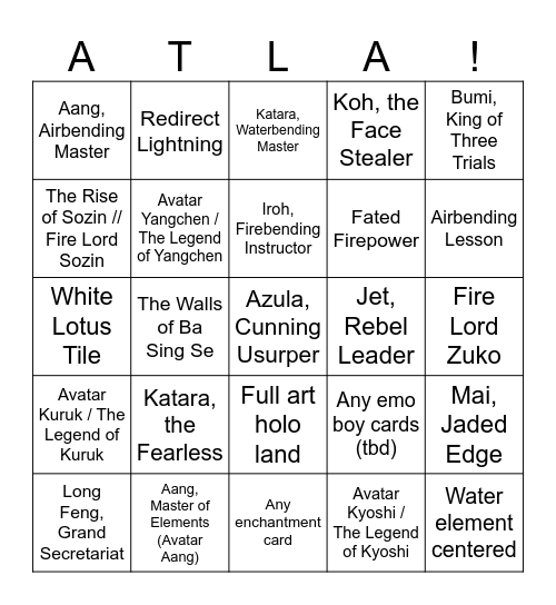 ATLA BOOSTER BOX Bingo Card