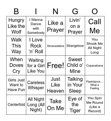 80's SONGS Bingo Card