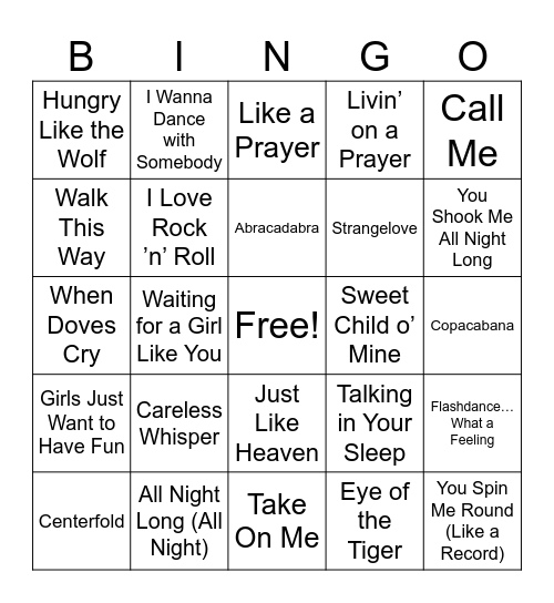 80's SONGS Bingo Card