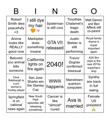 2040 Predictions (as of 2026) Bingo Card