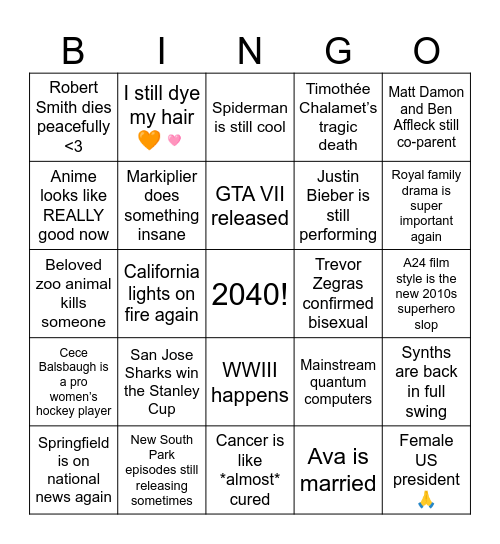 2040 Predictions (as of 2026) Bingo Card