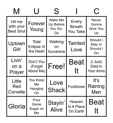 80’s Hits Bingo Card