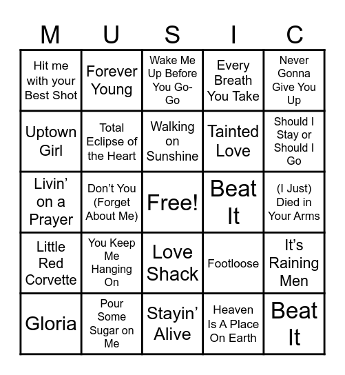 80’s Hits Bingo Card