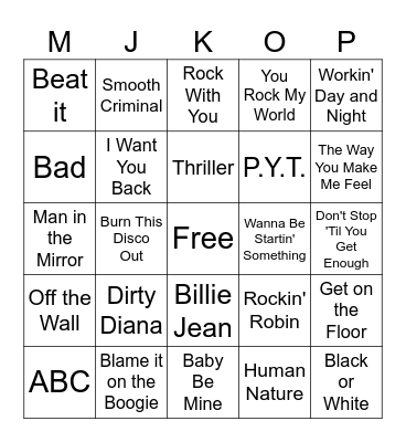 Michael Jackson Movie Bingo Card
