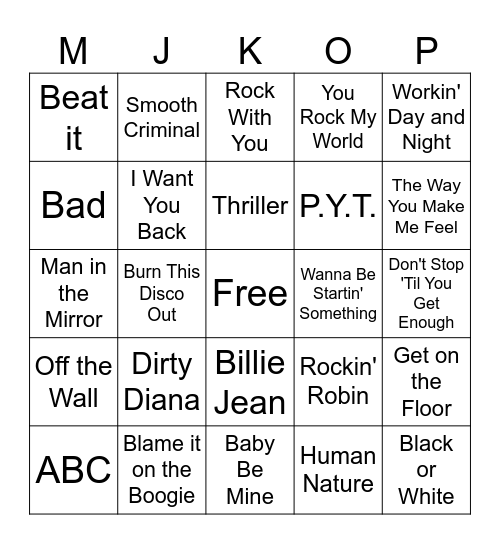 Michael Jackson Movie Bingo Card