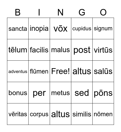 Latin Vocabulary Bingo Card