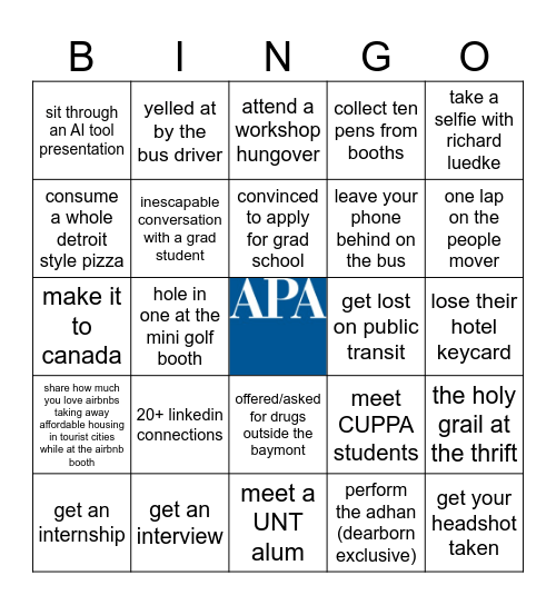 CUPA x APA National Conference Bingo Card