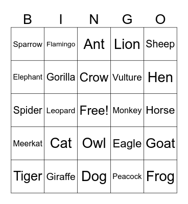 Animals and birds Bingo Card