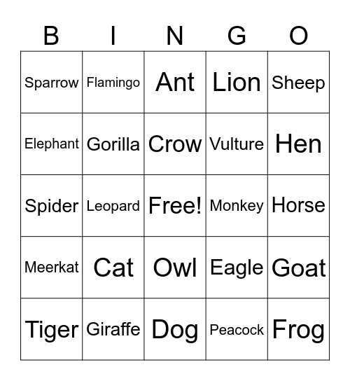 Animals and birds Bingo Card