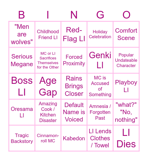 Otome Game Tropes Bingo Card