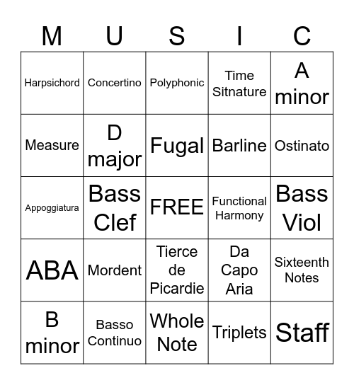 Purcell and Bach - Baroque Bingo Card