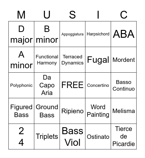 Purcell and Bach - Baroque Bingo Card