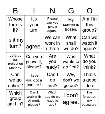 CLASSROOM LANGUAGE Bingo Card