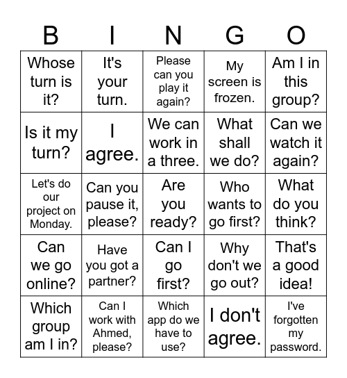 CLASSROOM LANGUAGE Bingo Card