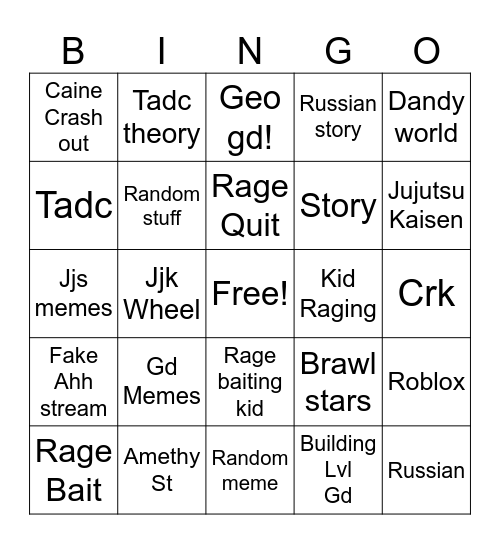 Youtube bungo Bingo Card