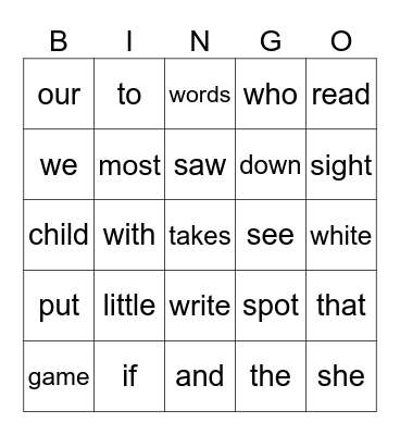 Sight Words Bingo Card