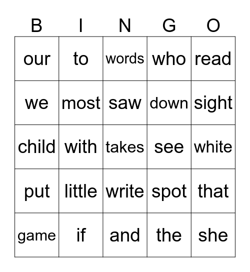 Sight Words Bingo Card