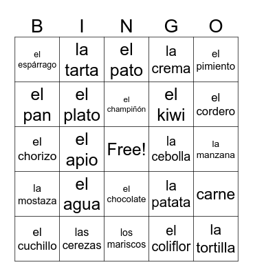 Comida y Bebidas Bingo Card