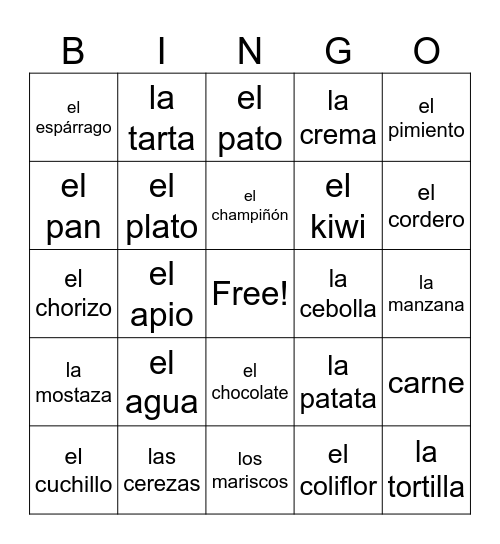 Comida y Bebidas Bingo Card