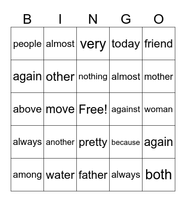 1st Grade Heart Words Bingo Card