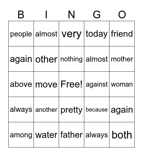 1st Grade Heart Words Bingo Card