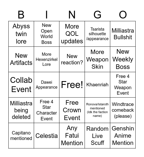 Genshin 6.6 Livestream Bingo Card